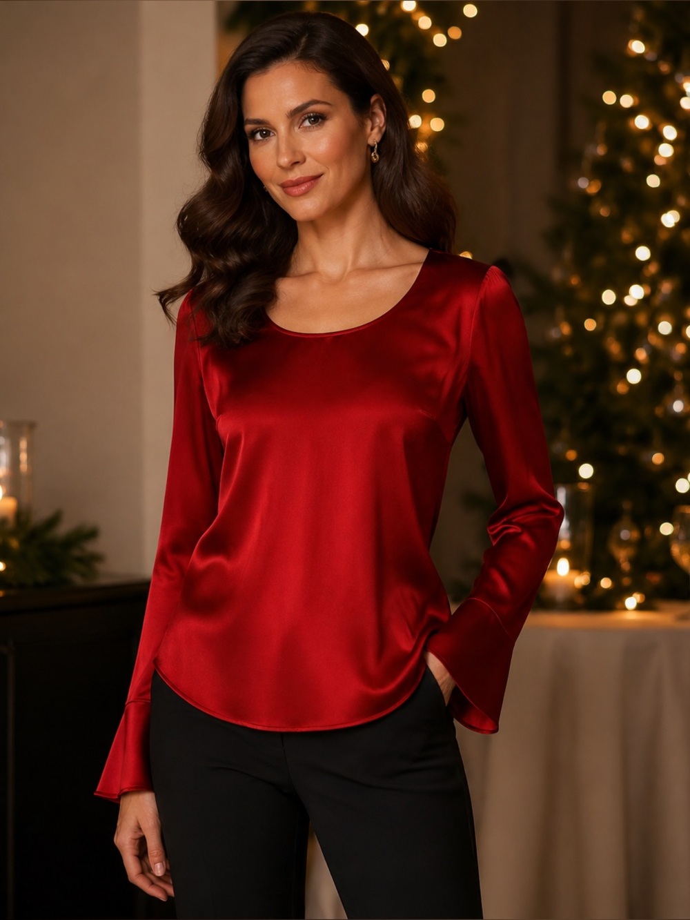 Natorious by Natori Women’s Small Red 100% Silk Satin Long Sleeve Blouse Top
